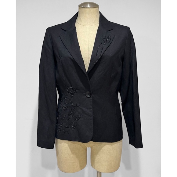 Larry Levine Suits Women's Black Embroidered Floral Linen Blazer Size 8P - Picture 1 of 8